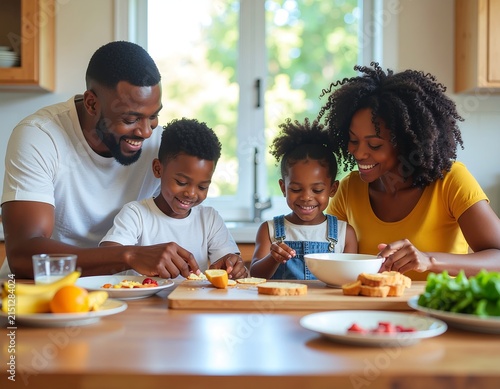 African American family enjoying healthy breakfast together.