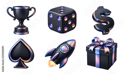 3D Gaming and Reward Icons Set – Trophy, Dice, Rocket, Gift Box, Dollar and Spade
