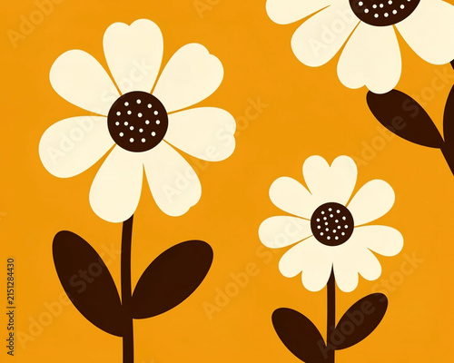 A flat, minimalist digital illustration featuring three stylized daisies against a vibrant, solid marigold yellow background