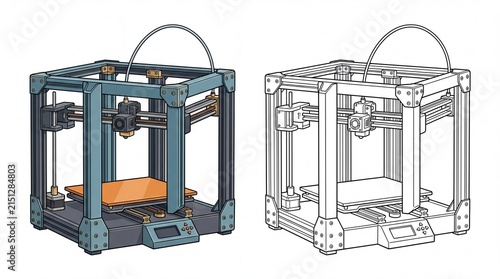 Detailed industrial three dimensional printer illustration showing colored and line art models on white background