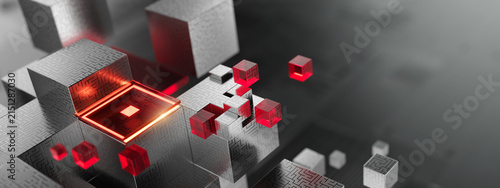 Abstract geometric blocks, AI systems, business finance, digital infrastructure concept. 3D cube abstract geometric blocks- technology and blockchain network. 3d rendering