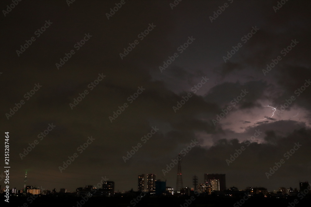 Fototapeta premium 雲内放電 雷が照らす都市の夜景 / Intra-Cloud Lightning Lightning Illuminating a City Skyline at Night