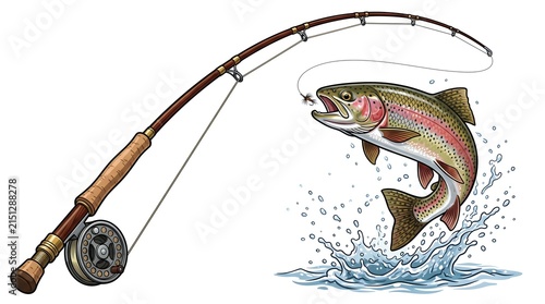 Fotografía Rainbow trout leaping to catch a fly hook attached to an old wooden fly fishing