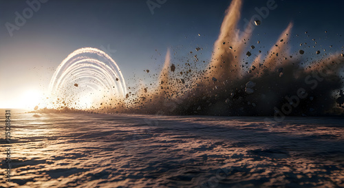 Explosion erupts with debris flying outward creating circular shockwave effect on dry cracked earth.