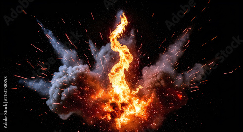 Fiery vortex with smoke and sparks in dark environment.