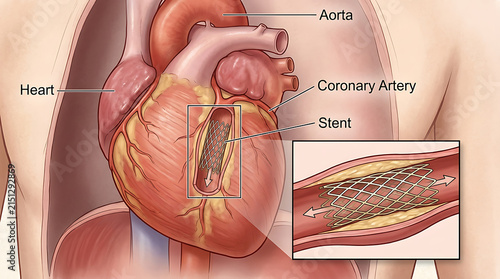 Medical illustration of a human heart with a coronary artery stent.