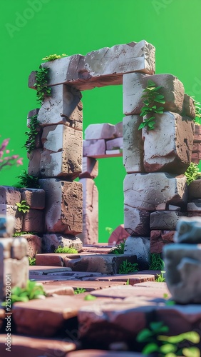 Ancient stone temple ruins with intricate carvings and moss.