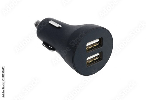 Black dual port car charger adapter for mobile phones isolated on white background