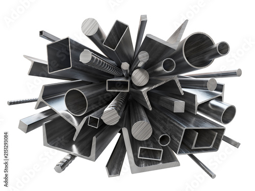 Assorted steel profiles, pipes and reinforcing bars isolated on white background