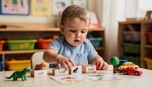 Medium shot of a toddler exploring a language learning activity using labeled toys with colorful classroom elements subtly blurred to emphasize the childs engagement