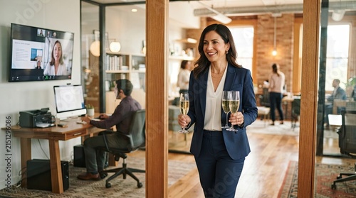 Businesswoman walking through office doorway smiling with coffee in modern workspace