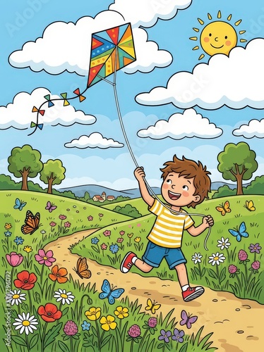 Happy boy flying a colorful kite in a sunny flower meadow illustration