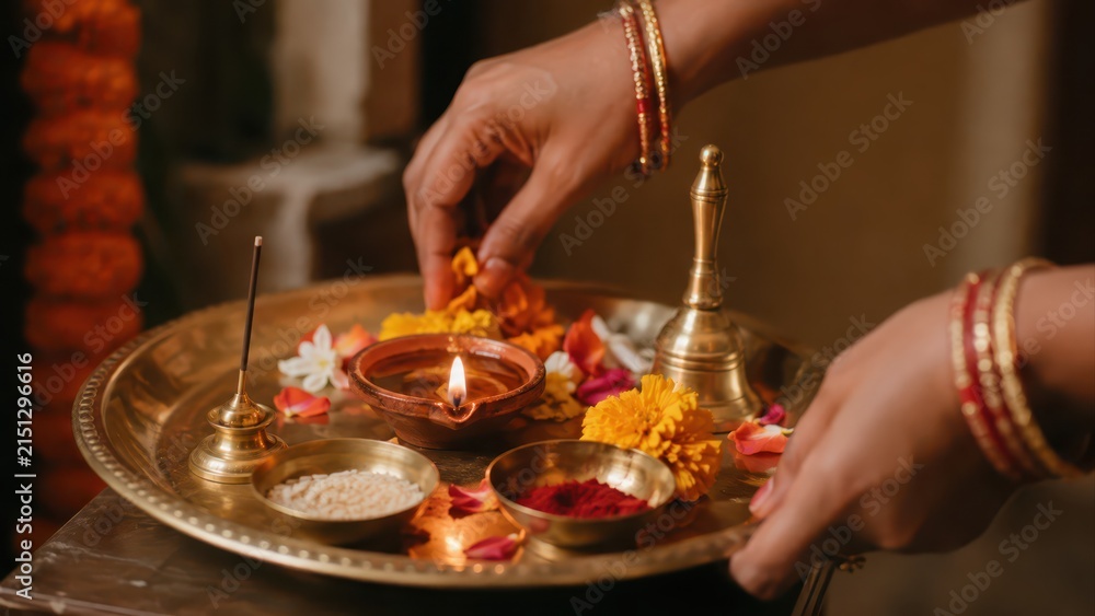 Fototapeta premium Woman arranges marigolds around glowing diya on traditional Diwali puja tray indoors