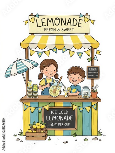 Cartoon children selling fresh lemonade at a summer street stand illustration