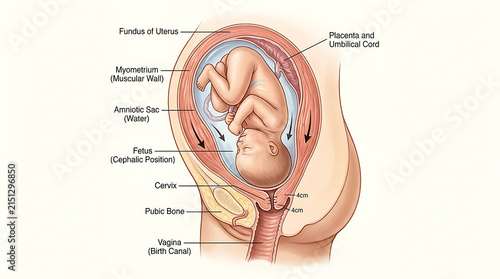 Detailed illustration of a fetus in the uterus during pregnancy.