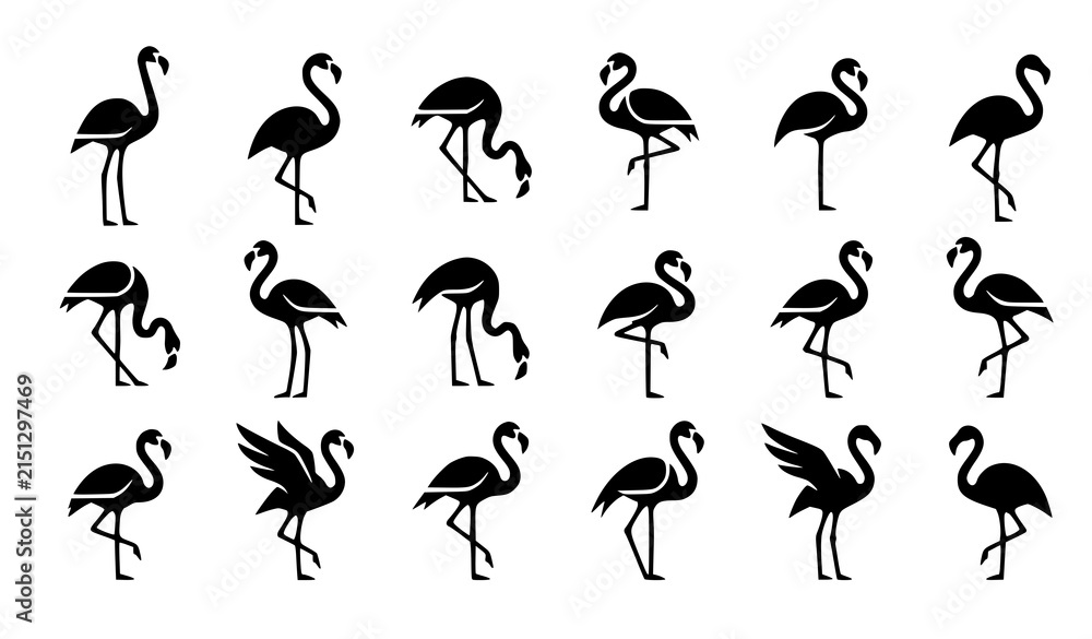 Obraz premium Minimalist Pink Flamingo Silhouette Vector Icon Set with Tropical Birds in Various Posing Standing and Feeding Positions for Summer Beach Resort Branding