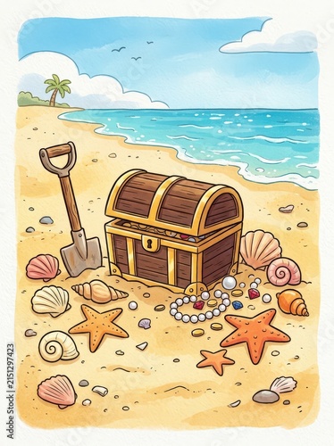 Treasure chest with seashells and shovel on a tropical beach, cartoon illustration.