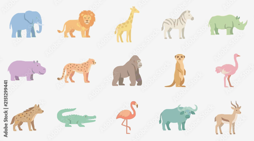 Obraz premium Creative Colorful Cartoon of 15 Distinct African Wildlife Animals in Playful Pastel Shades with high quality professional line art symbols for modern creative design and digital branding projects