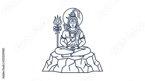 фотографія Meditating Deity on Rocky Peak, Line Art Illustration
