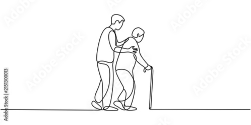 Caregiver Helping Elderly Person Walk with Cane Continuous One Line Drawing