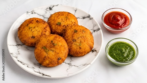Crispy Fried Potato Cutlets Vada Served with Red Tomato Ketchup and Green Chutney Dips