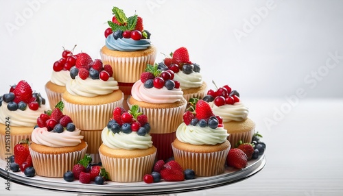 a tower of sweetness a delectable cupcake display decorated with fresh berries on a clear backgrounor white background
