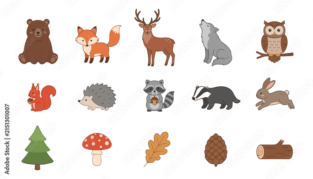 Obraz premium Collection of Woodland Animal Icons Including Bear, Fox, Deer, Owl, Squirrel, Hedgehog, Raccoon, Badger, Rabbit, Mushroom, Acorn