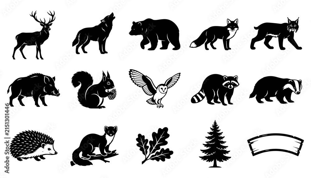 Fototapeta premium Set of Black Animal Silhouettes Including Deer, Wolf, Fox, Raccoon, Badger, Hedgehog, Squirrel, Owl, and Pine Tree
