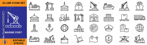 Bild auf Leinwand 32 Marine Port Vector Outline Icons Set – Shipping, Cargo, Harbor, Crane and Mar