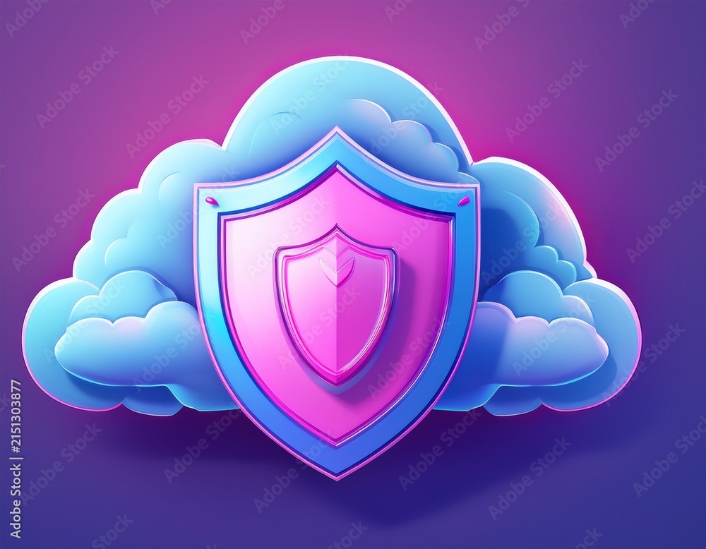 Fototapeta premium soft blue cloud with a pink shield symbolizing data security and protection on a purple background ideal for technology and safety concepts