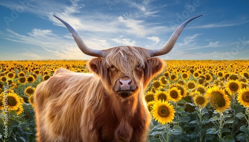 a highland cow with huge horns standing in a sunflowers field
