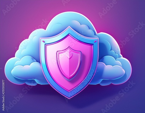 soft blue cloud with a pink shield symbolizing data security and protection on a purple background ideal for technology and safety concepts