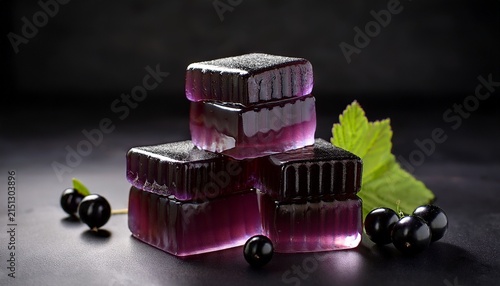 delicious blackcurrant jelly cubes stacked on a dark surface for sweet cravings