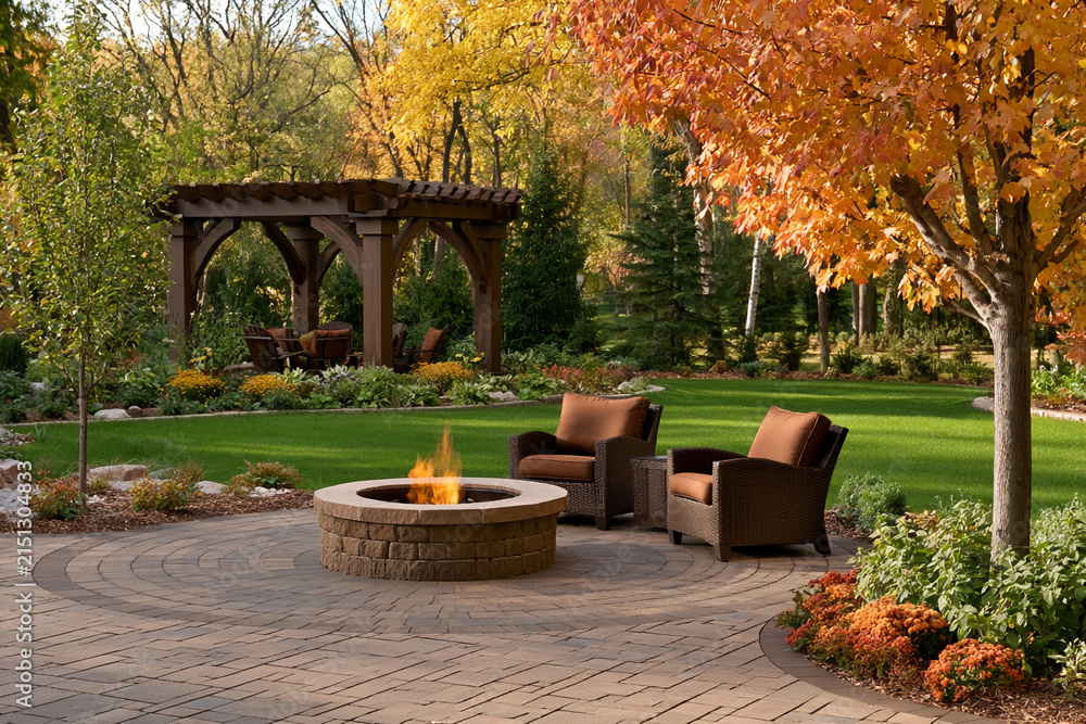 Obraz premium Fall gathering space with fire pit chairs and trees in a backyard setting