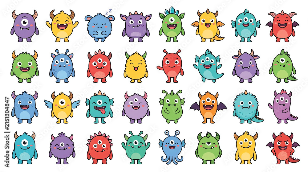 Fototapeta premium Set of 24 Cute Pixel Art Monsters, 8-Bit Chibi Characters Collection