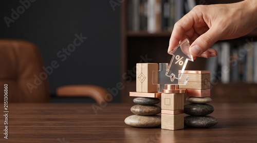 Hand placing a percentage symbol on a stack of wooden blocks and stones representing financial stability and economic growth in business.