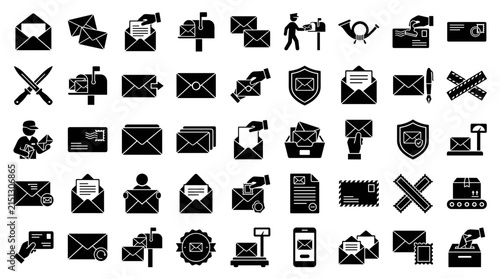 Mail delivery and postal service solid icon set. Includes symbols for envelopes, mailboxes, postmen, and stamps for digital messaging and logistics management.