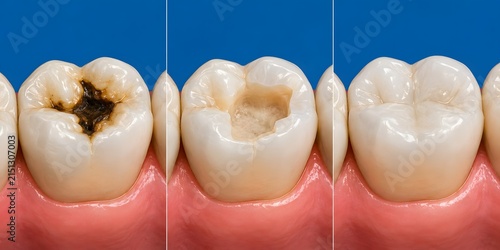 Dental caries treatment stages, step by step tooth cavity filling restoration, composite dental filling process medical illustration