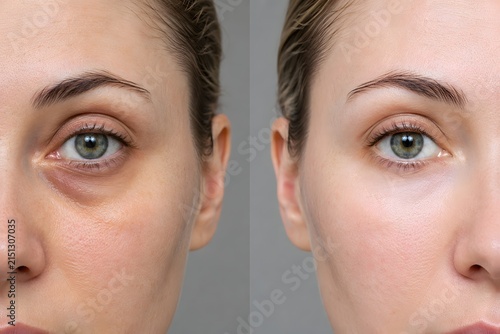 Before and after tear trough dermal filler injection, dark circles under eyes reduction comparison, hyaluronic acid rejuvenation