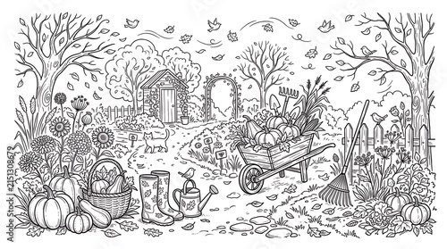 Detailed Autumn Farm Coloring Page with Pumpkins Barn Trees and Harvest Landscape