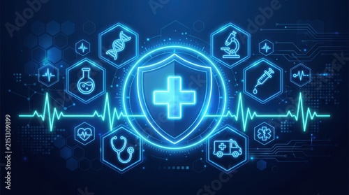 Digital medical background featuring a glowing shield with a cross symbol surrounded by various healthcare icons and heartbeat lines design