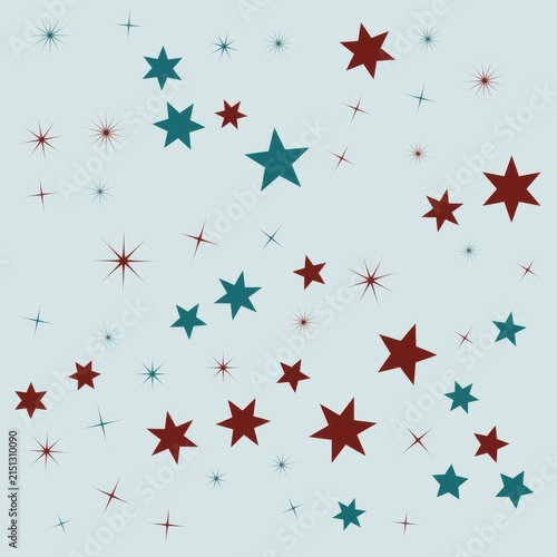 Red and Teal Sparkle Stars Pattern Vector Illustration – Light Blue Celestial Background