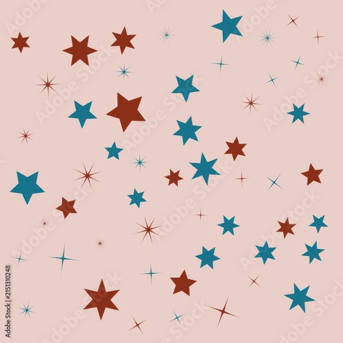 Red and Blue Sparkle Stars Pattern Vector Illustration – Soft Pink Celestial Background