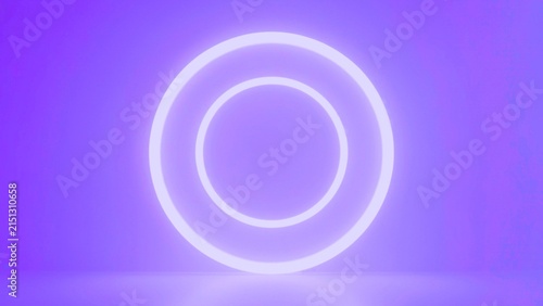 Double glowing circle neon light rings on soft purple gradient surface