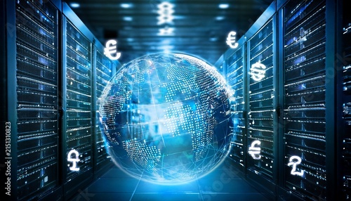 glowing digital globe with connections and currency symbols in server room