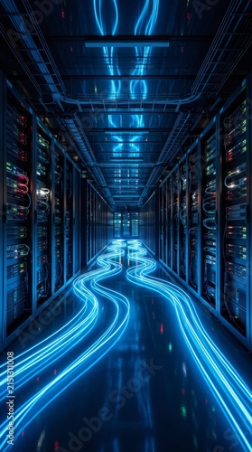 Data center processing information with glowing lines