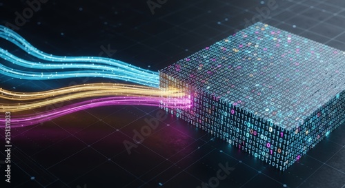 High-resolution abstract data cube with flowing light streams visualizing digital connectivity, computation, and futuristic technology