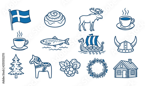 Blue and White Scandinavian Culture Linear Vector Icon Set Featuring Viking Longship, Dala Horse, Cinnamon Roll, Swedish Flag, Moose, and Traditional Nordic Travel Heritage Designs
