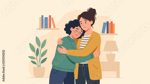 A Tender Embrace: A comforting hug shared between two individuals, symbolizing love, support, and understanding.