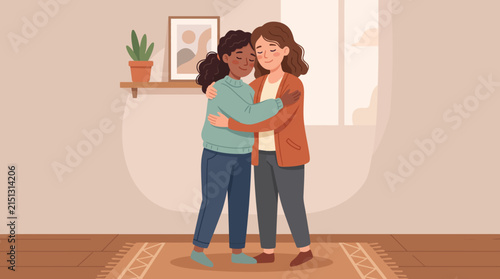 Comforting Embrace: Two women of different ethnicities share a warm hug, finding solace and support in each other's presence, illustrating the power of connection and empathy.